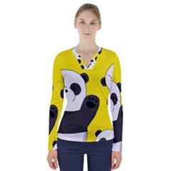 Cute Pandas V-neck Long Sleeve Top