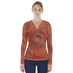 Symbolism Paneling Oriental Ornament Pattern V-neck Long Sleeve Top