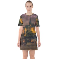 Mont St Michel Sunset Island Church Sixties Short Sleeve Mini Dress by Nexatart