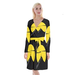 Man Mountain Moon Yellow Sky Long Sleeve Velvet Front Wrap Dress