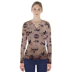 Vintage Halloween Pattern V-neck Long Sleeve Top