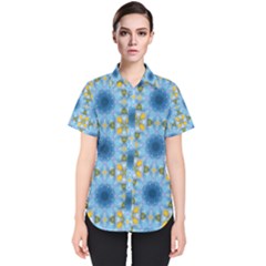 Blue Nice Daisy Flower Ang Yellow Squares Women s Short Sleeve Shirt