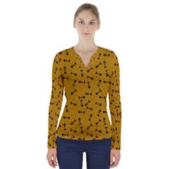 Fish Bones Pattern V-neck Long Sleeve Top