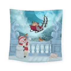 Christmas Design, Santa Claus With Reindeer In The Sky Square Tapestry (small) by FantasyWorld7