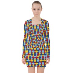 Fuzzle Red Blue Yellow Colorful V-neck Bodycon Long Sleeve Dress by Mariart