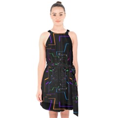 Seamless 3d Animation Digital Futuristic Tunnel Path Color Changing Geometric Electrical Line Zoomin Halter Collar Waist Tie Chiffon Dress by Mariart