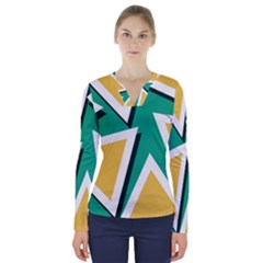 Triangles Texture Shape Art Green Yellow V-neck Long Sleeve Top