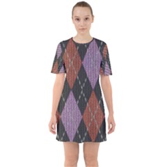 Knit Geometric Plaid Fabric Pattern Sixties Short Sleeve Mini Dress