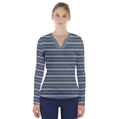 Horizontal Line Grey Blue V-neck Long Sleeve Top