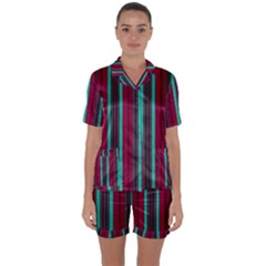 Red Blue Line Vertical Satin Short Sleeve Pyjamas Set