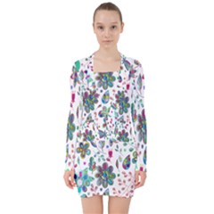 Prismatic Psychedelic Floral Heart Background V-neck Bodycon Long Sleeve Dress by Mariart