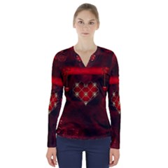 Wonderful Elegant Decoative Heart With Flowers On The Background V-neck Long Sleeve Top