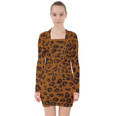 Dark Leopard V-neck Bodycon Long Sleeve Dress