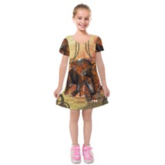 Steampunk, Steampunk Elephant With Clocks And Gears Kids  Short Sleeve Velvet Dress by FantasyWorld7