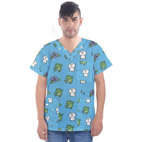 Frog Ghost Rain Flower Green Animals Men s V-neck Scrub Top by Mariart