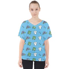 Frog Ghost Rain Flower Green Animals V-neck Dolman Drape Top by Mariart