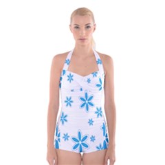 Star Flower Blue Boyleg Halter Swimsuit  by Mariart