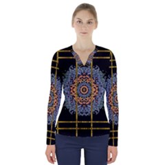 Blue Bloom Golden And Metal V-neck Long Sleeve Top