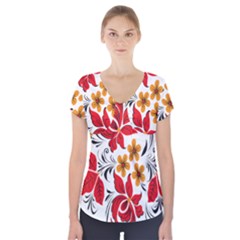 Flower Red Rose Star Floral Yellow Black Leaf Short Sleeve Front Detail Top by Mariart