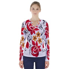 Flower Red Rose Star Floral Yellow Black Leaf V-neck Long Sleeve Top