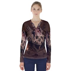 Awesome Creepy Skull With Rat And Wings V-neck Long Sleeve Top