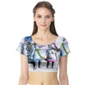 Funny, Cute Snowman And Snow Women In A Winter Landscape Short Sleeve Crop Top View1