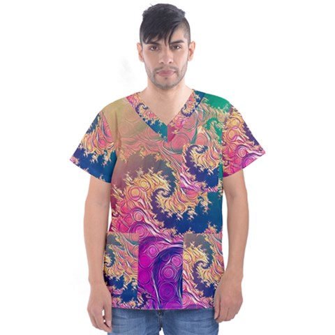 Rainbow Octopus Tentacles In A Fractal Spiral Men s V-neck Scrub Top by jayaprime