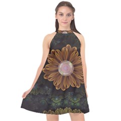 Abloom In Autumn Leaves With Faded Fractal Flowers Halter Neckline Chiffon Dress  by jayaprime