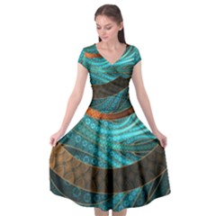 Beautiful Leather & Blue Turquoise Fractal Jewelry Cap Sleeve Wrap Front Dress by jayaprime