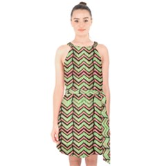 Zig Zag Multicolored Ethnic Pattern Halter Collar Waist Tie Chiffon Dress by dflcprintsclothing