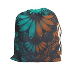 Beautiful Teal And Orange Paisley Fractal Feathers Drawstring Pouches (xxl) by jayaprime