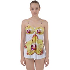 Yellow Phalaenopsis Flower, Floral Aquarel Watercolor Painting Art Babydoll Tankini Set by picsaspassion