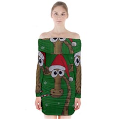 Christmas Giraffe  Long Sleeve Off Shoulder Dress by Valentinaart