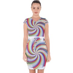 Prismatic Hole Rainbow Capsleeve Drawstring Dress 