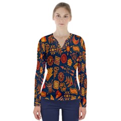 Tribal Ethnic Blue Gold Culture V-neck Long Sleeve Top