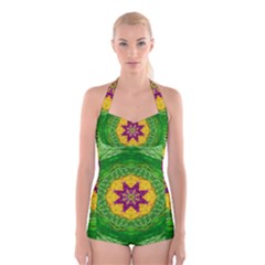 Feathers In The Sunshine Mandala Boyleg Halter Swimsuit  by pepitasart