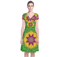 Feathers In The Sunshine Mandala Short Sleeve Front Wrap Dress by pepitasart