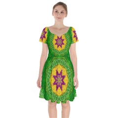 Feathers In The Sunshine Mandala Short Sleeve Bardot Dress by pepitasart