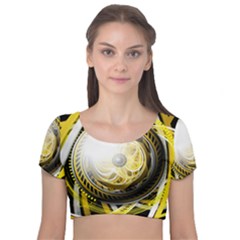 Incredible Eye Of A Yellow Construction Robot Velvet Short Sleeve Crop Top  by jayaprime