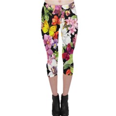 Beautiful,floral,hand Painted, Flowers,black,background,modern,trendy,girly,retro Capri Leggings  by NouveauDesign