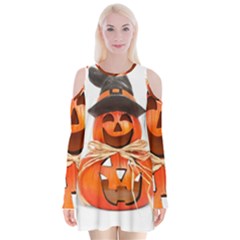 Funny Halloween Pumpkins Velvet Long Sleeve Shoulder Cutout Dress by gothicandhalloweenstore