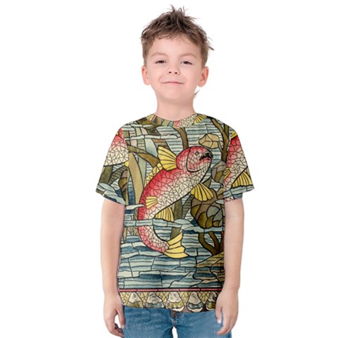 Fish Underwater Cubism Mosaic Kids  Cotton Tee by Celenk