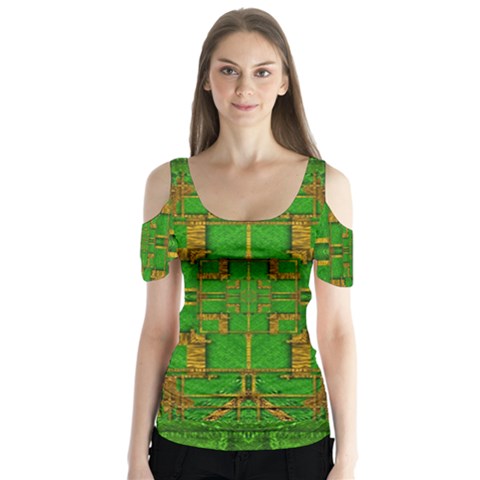 Golden Green And  Sunshine Pop Art Butterfly Sleeve Cutout Tee  by pepitasart