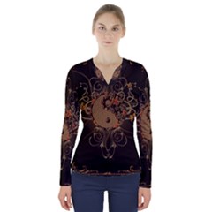 The Sign Ying And Yang With Floral Elements V-neck Long Sleeve Top