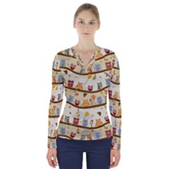 Autumn Owls Pattern V-neck Long Sleeve Top