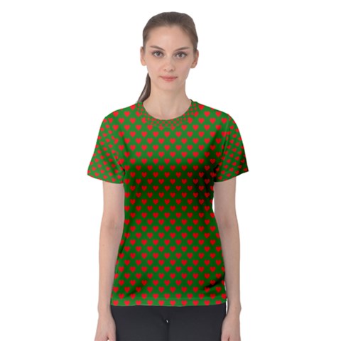 Large Red Christmas Hearts On Green Women s Sport Mesh Tee by PodArtist