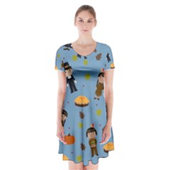 Pilgrims And Indians Pattern - Thanksgiving Short Sleeve V-neck Flare Dress by Valentinaart