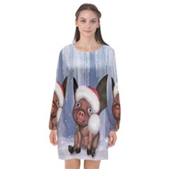 Christmas, Cute Little Piglet With Christmas Hat Long Sleeve Chiffon Shift Dress  by FantasyWorld7