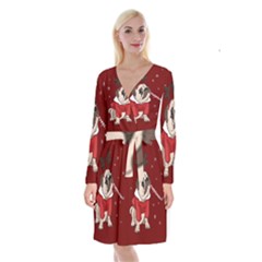 Pug Xmas Long Sleeve Velvet Front Wrap Dress by Valentinaart