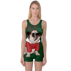 Pug Xmas One Piece Boyleg Swimsuit by Valentinaart